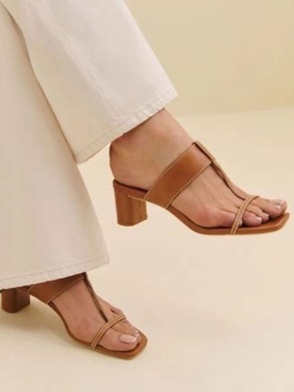 Reformation Sardinia Heeled Sandals brown leather with white stitching
